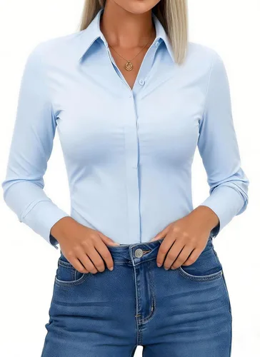 Miniatura 12 de Aoudery Button Down Shirts for Women Slim Fit Long Sleeve Stretch Dress Shirts Work Shirt Wrinkle Free