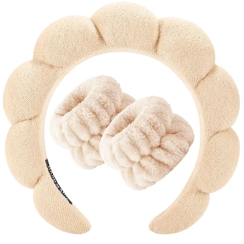 Miniatura 13 de Zkptops Diadema de Spa para Lavar la Cara Muñequera Esponja Maquillaje Cuidado de la Piel Diadema de Tela de Rizo Burbuja Suave Prepárate Diadema
