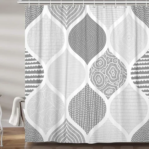 Miniatura 3 de JAWO Cortina de ducha gris retro bohemia de tela geométrica para decoración de baño, estilo bohemio, moderno, abstracto, cachemira, accesorios