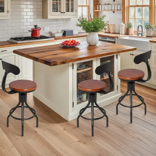 Miniatura 2 de Juego de 2 taburetes de bar industriales con respaldo de 23 a 33 pulgadas, asiento giratorio de madera, isla de cocina, comedor, taburete