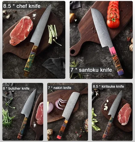 Miniatura 3 de ZZYY - Juego de 9 cuchillos japoneses de acero de Damasco con mango de madera solidificada, cuchillos Nakiri, cuchillo de chef Santoku, cuchillo
