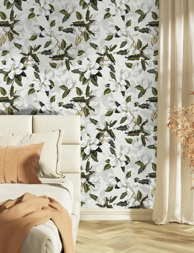 Miniatura 2 de HAOKHOME Papel tapiz floral para despegar y pegar, papel de pared extraíble Magnolia de vinilo blanco hueso, gris/verde, papel de contacto