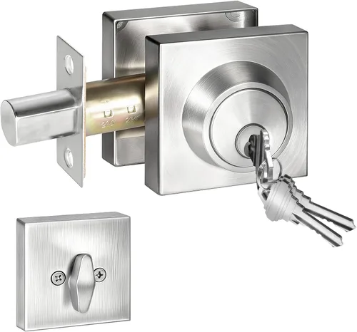 Miniatura 9 de Cerradura cuadrada de un solo cilindro moderno con llaves, cerrojo negro mate para entrada de puerta delantera, cerradura de seguridad de puerta