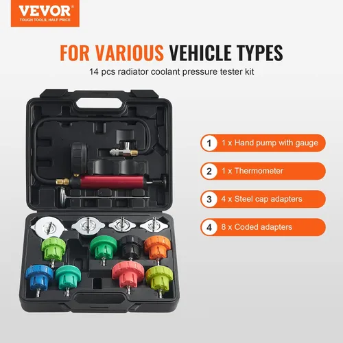 Miniatura 2 de VEVOR Kit de probador de presión de radiador para sistema de refrigeración automotriz, kit de probador de presión de radiador de 14 piezas con bomba