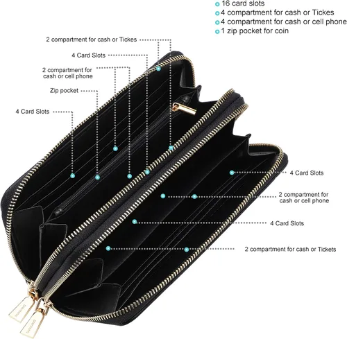 Miniatura 4 de Cartera de piel vegana con doble cremallera y correa de sujeción de mano, Chevron Bordado Negro