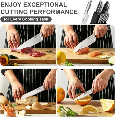Miniatura 6 de Juego de Cuchillos de Cocina, FIKSHOT Juego de Cuchillos de Acero Inoxidable Premium con Bloque, Cuchillo Santoku Súper Afilado y Cuchillos