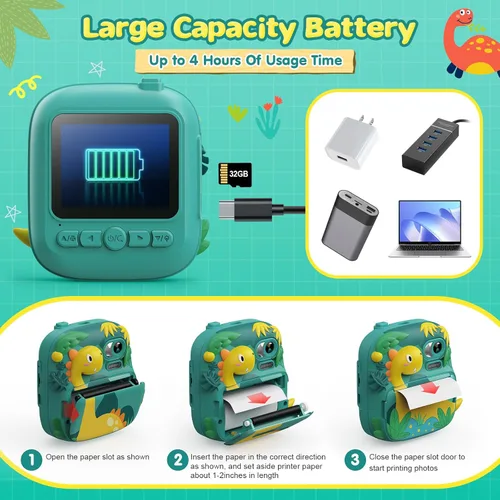 Miniatura 7 de Cámara de impresión instantánea para niños, cámara de pantalla de 2.4 pulgadas para niños, dinosaurio, cámara digital con tarjeta de 32 GB y 3 Verde