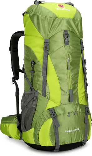 Mochila de senderismo para hombres y mujeres, 70L+5L, impermeable, ligera, mochila de camping con cubierta de lluvia para viajes al aire libre Verde
