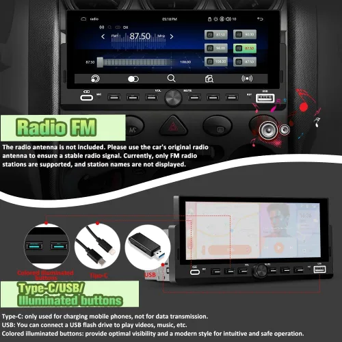 Miniatura 7 de Estéreo Universal Single Din para Automóvil con CarPlay Inalámbrico y Android Auto, Unidad Principal de Pantalla Táctil IPS de 6.86" con Cámara