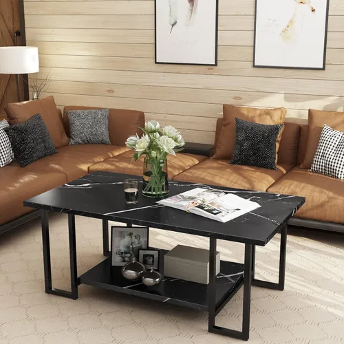 Miniatura 3 de AWQM Mesa de Centro de Mármol, Mesa de Centro Rectangular con Superficie de Mármol Sintético y Marco de Metal Negro, Mesa de Sala de 2 Niveles