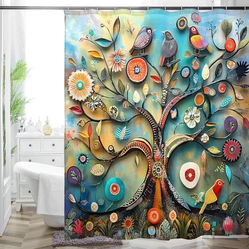Miniatura 23 de HMS Happy Memories Cortina de Ducha con Estampado Floral Bohemio de Planta Boho, Tela de Poliéster para Decoración de Baño 72 x 72 Pulgadas