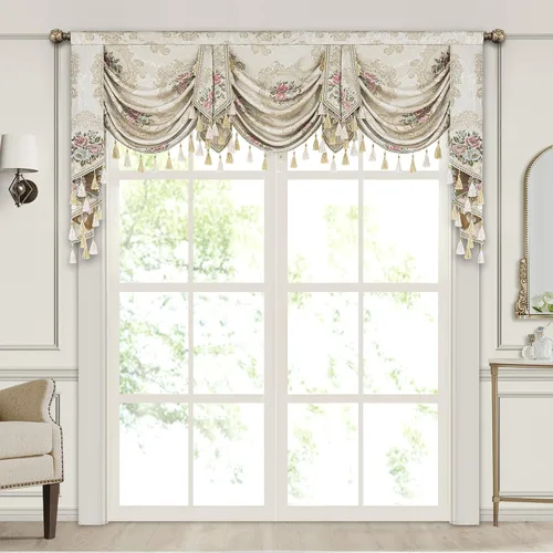 Miniatura 12 de Loom and Mill Cenefa de cascada de lujo, de jacquard, para sala de estar y dormitorio, elegantes cenefas florales europeas con borlas, cortinas azul