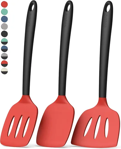 Miniatura 13 de Coukre Juego de 3 espátulas de silicona, resistentes al calor, sin BPA, espátula de pescado, espátula sólida y ranurada para sartenes negro puro