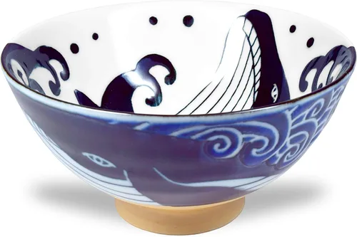 Miniatura 2 de Mino Ware - Tazón de arroz japonés, sopa de fideos de ramen de arroz, pasta Sarada, Chawn de ballena ondulada, 4.6 pulgadas, 10 onzas, juego de 2