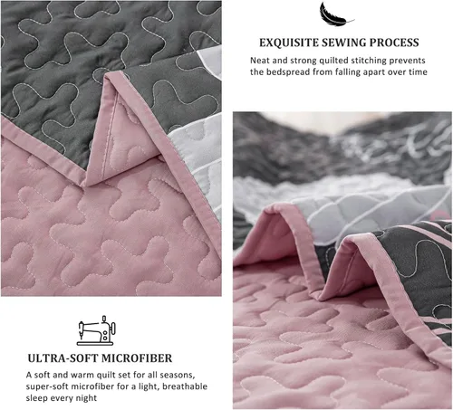 Miniatura 4 de Anibedding Juego de edredón de 3 piezas con estampado floral gris, tamaño Queen, juego de edredón rosa con patrón de flores, juego de edredón