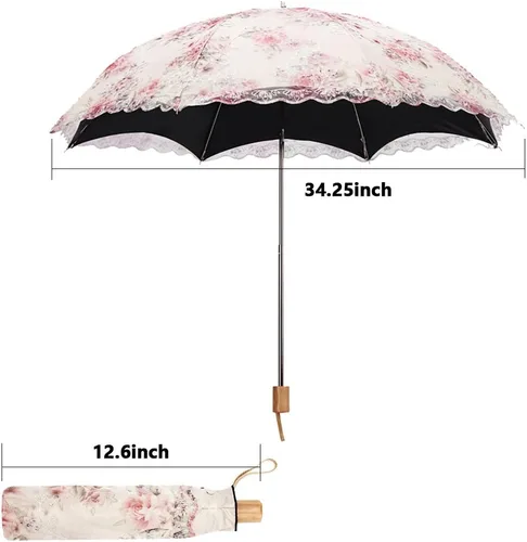 Miniatura 7 de Honeystore Paraguas Plegable Anti-UV del bordado del cordón de la impresión de la flor