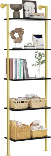 Miniatura 8 de Acovy Estantería de 5 niveles de madera maciza, estante estrecho para libros, estantería de madera, estante de escalera de montaje en pared, estante