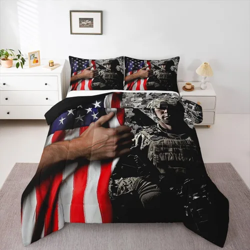 Miniatura 26 de Juego de edredón de bandera estadounidense para adultos, adolescentes, niños, soldado de camuflaje, edredón de plumón para niños y hombres, bandera