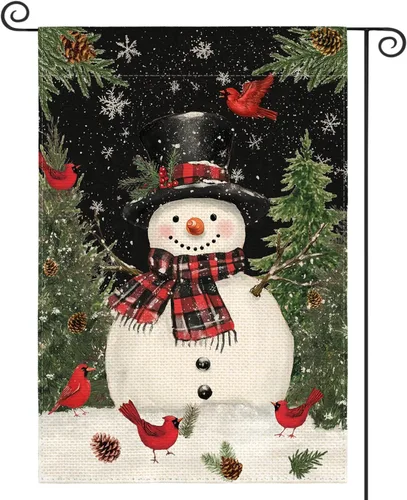 Miniatura 8 de AVOIN colorlife Muñeco de nieve azul con bufanda Bandera de jardín de Navidad 12x18 pulgadas de dos vistas, Bandera decorativa de patio de invierno