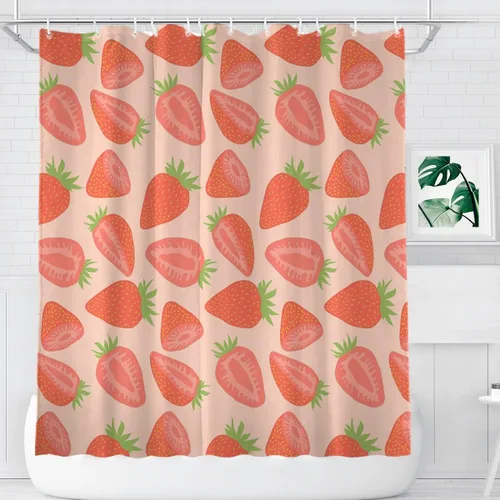 Miniatura 12 de KOMIKU Juego de cortina de ducha estética de frutas con diseño floral de cereza rosa, decoración de baño de frutas de verano, de poliéster, lona