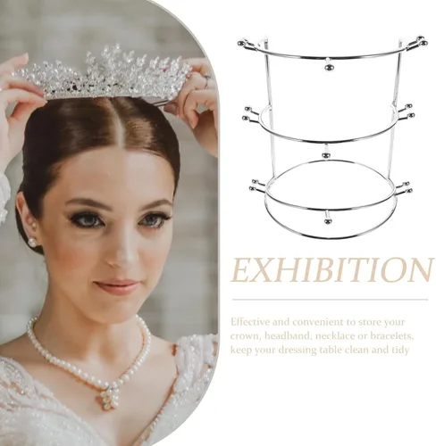 Miniatura 7 de Soporte de exhibición de corona de metal de tres niveles para tiara nupcial, diadema y almacenamiento de joyas en el tocador, 7.55 x 5.51 x 5.51