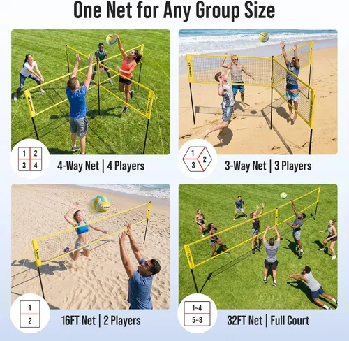 Miniatura 6 de 4 Square Volleyball Game Set, 4 Way Net System with 16FT & 32FT Court, Adjustable Height Backyard Badminton Combo, Portable Outdoor Kit with Ball