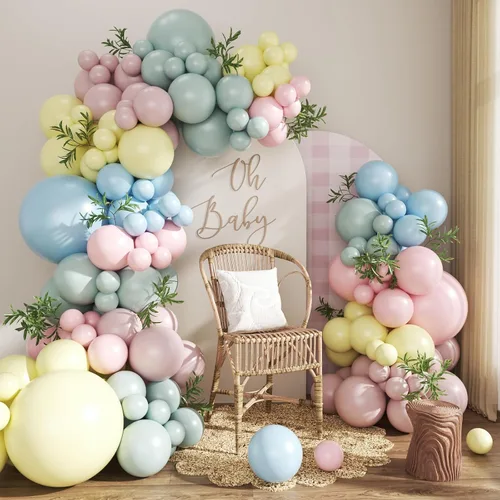 Kit de arco de globos rosa, azul y amarillo pastel, 124 piezas – Globos macarrón rosa claro, azul y amarillo para decoración de fiesta de té Azul