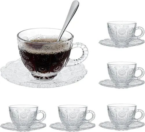 Miniatura 9 de Juego de 6 tazas de té y platillos de vidrio, tazas de café vintage con cuchara de acero inoxidable, tazas de té aptas para lavavajillas