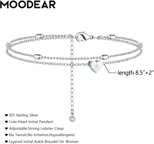 Miniatura 2 de Moodear Tobilleras de plata para mujer Tobilleras impermeables de plata de ley en capas delicadas con dije inicial de corazón A-Z para ella