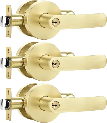 Miniatura 21 de Leydebong Paquete de 10 manijas de puerta de entrada de color dorado claro (con llave similar), perillas de puerta interior resistentes, cerraduras