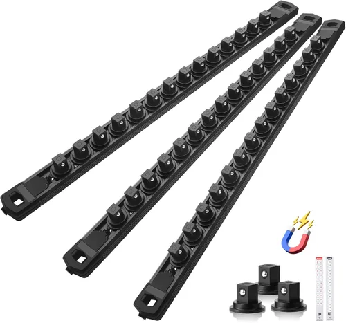 Miniatura 16 de Reniteco Juego de organizador de enchufes magnéticos, 3 piezas de 1/2 pulgada 3/8 pulgadas 1/4 pulgadas de aleación de aluminio con 40 clips Negro