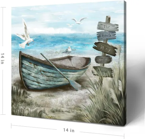 Miniatura 3 de Arte de pared para baño, decoración costera, barco náutico en la playa, lienzo con imagen de gaviota del océano, paisaje marino, arte de granja