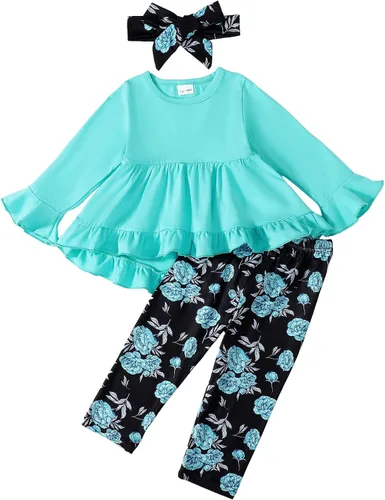 Miniatura 187 de Kucnuzki Conjunto de ropa para bebé niña pequeña, camisa de manga con volantes, pantalón floral, ropa de otoño e invierno para niña