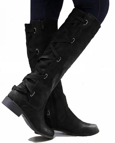 Miniatura 3 de Masbird Botas para mujer, botas planas de cuero estilo retro y casual, punta redonda, correa de hebilla de tacón bajo, botas de invierno altas hasta