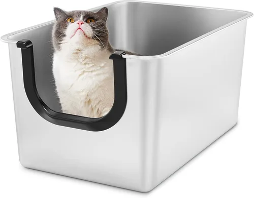 Yangbaga Caja de arena extra grande de acero inoxidable, a prueba de fugas, 12 pulgadas de alto, para atrapar orina y basura, caja de arena de