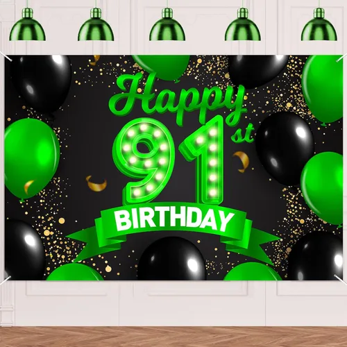 Miniatura 17 de Cartel de feliz cumpleaños 26 verde y negro, telón de fondo con texto en inglés "Cheers to 26 years old confeti", globos de confeti, decoración