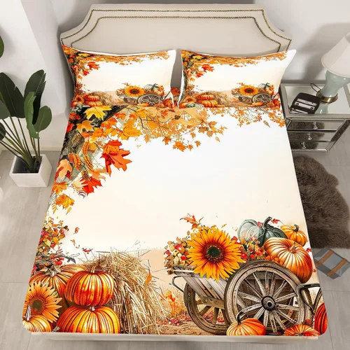 Miniatura 12 de Manfei Sábana bajera ajustable de calabaza otoñal, tamaño individual, juego de ropa de cama floral de hojas verdes, 2 piezas para decoración