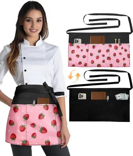 Miniatura 13 de Slohif Delantal Reversible de Servidor con 6 Bolsillos - Delantal de Cintura para Camarera Mujeres Delantal Corto de Media Porción Camarero