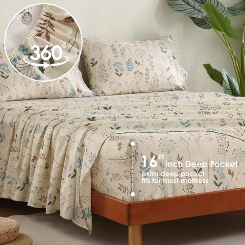 Miniatura 5 de JSD Juego de sábanas de algodón floral beige tamaño individual, sábanas de satén de 300 hilos, suaves, transpirables, sedosas, bolsillo profundo