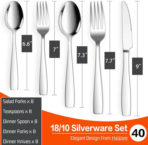 Miniatura 3 de HaWare Cubiertos de acero inoxidable 18/10, juego de cubiertos de 40 piezas para 8, juego de cubiertos de lujo para restaurante casero, incluye