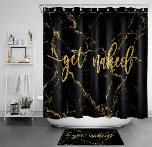 Miniatura 9 de Cortina de ducha de mármol negro y dorado, con citas divertidas Fuck It Get Naked de arte abstracto de mármol para baño, 60 x 72 pulgadas, tela