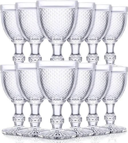 Miniatura 8 de Bokon Juego de 6 copas de vidrio ámbar de 10 onzas de alto transparente, copas de agua vintage, diseño de diamante en relieve, cristalería con tallo