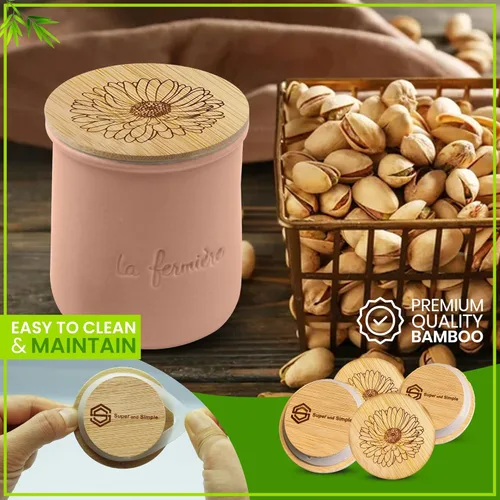 Miniatura 4 de Tapas de Bambú para Frascos de Yogur La Fermiere Paquete de 4 Diseño de Flores Aster Tapas de Bambú con Grabado Floral para Frascos de Cerámica