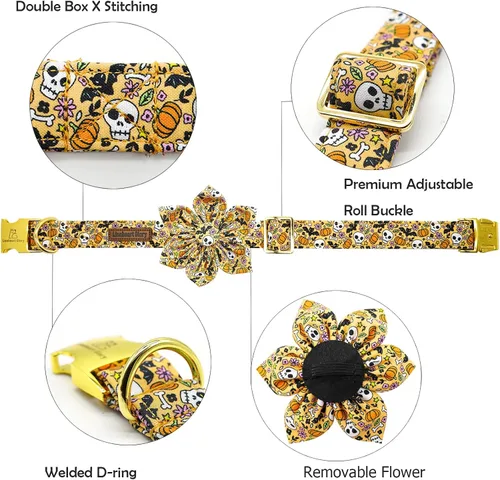Miniatura 2 de Collares de perro Lionheart glory de Halloween con flores, collar de calavera con flores, collar para mascotas niña y niño, collar de perro flor