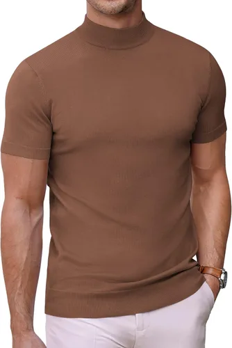 COOFANDY Suéter de cuello alto falso para hombre, de manga corta, color sólido, básico, ajustado, de punto