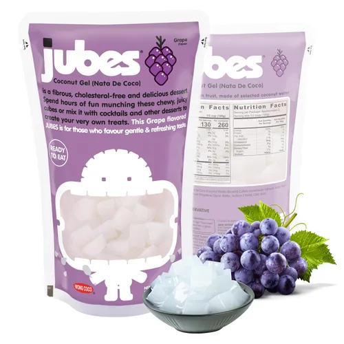 Jubes Grape Nata De Coco Jelly Cubes 12.7 oz – Cubos de jalea de coco de uva para sagú – Gel de coco en ingredientes de jarabe para té de frutas,
