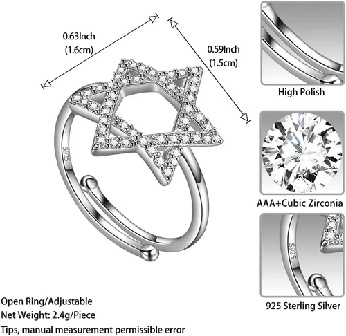 Miniatura 6 de Jewmon Anillo ajustable de estrella de David judía para mujer, plata de ley 925, circonita cúbica, estrella de David, anillo judío abierto, amuleto