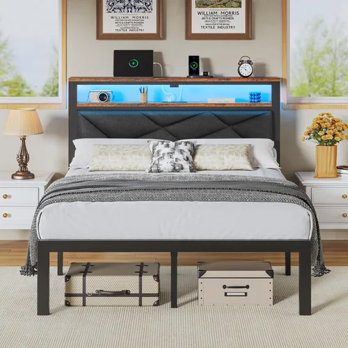 Miniatura 10 de ChicZhiNest Marco de cama individual con cabecero LED y estación de carga USB incorporada, cama de metal tapizada en lino con respaldo y estantes
