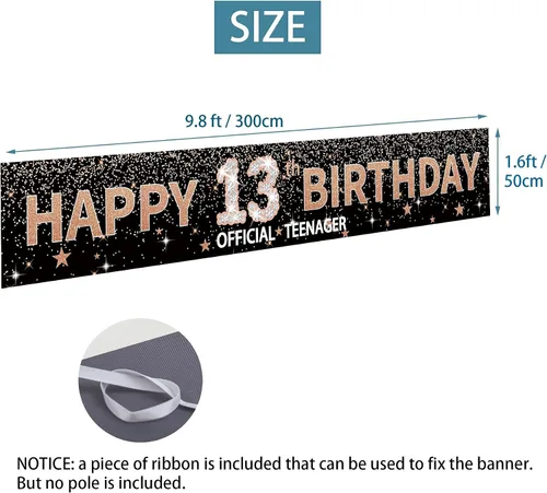 Miniatura 2 de Joyiou Cartel de fondo de feliz cumpleaños 13 para niña, pancarta oficial para adolescentes, suministros de letrero grande de oro rosa para fiesta