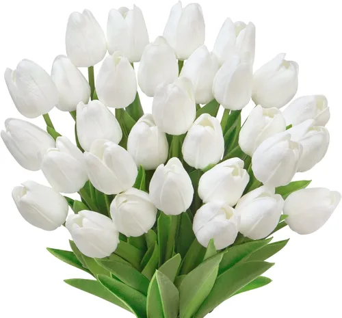 Ouddy Decor 30 piezas de tulipanes blancos artificiales de poliuretano de tacto real, tulipanes falsos para primavera y verano, ramo floral, mesa,